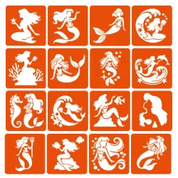 Набір трафаретів для біо-тату "Русалки" mermaids-6x6-16, 16 трафаретів