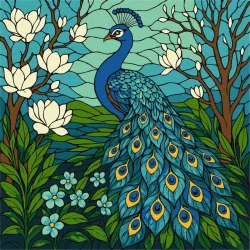 Картина за номерами "Вітраж. Павич у магнолії" KHO6810, 30x30 см