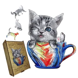 Пазл дерев'яний Чарівне Кошеня в чашечці, А5, Картонна коробка