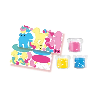 Незасихаюча маса для ліплення - ЄДИНОРOГИ (3 кольори з блискітками, в пластикових баночках, аксесуари)