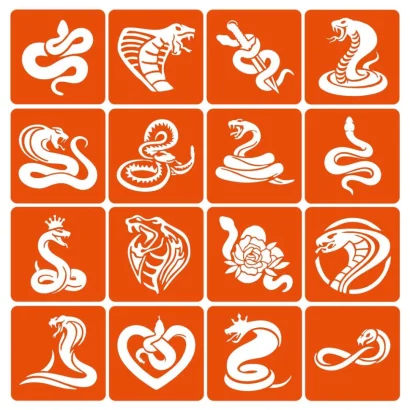 Набір трафаретів для біо-тату "Змії" Snakes-simple-16, 6х6 см 16 простих трафаретів