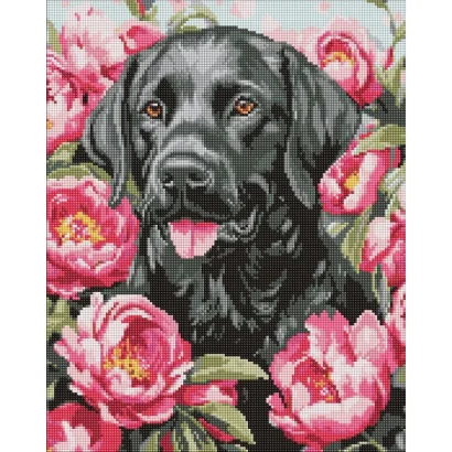 Алмазна мозаїка "Собака у півоніях" &copy;art_selena_ua AMO20084, 40х50 см