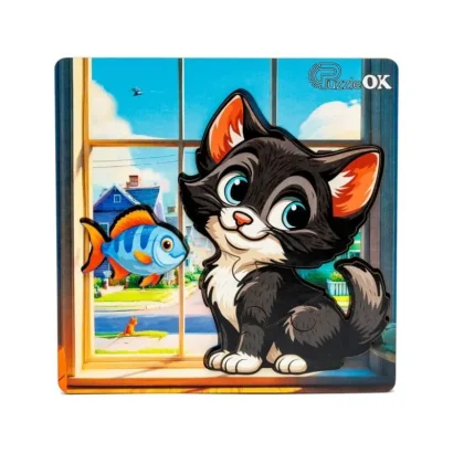 Дерев'яний пазл-вкладиш "Допитливий котик" Puz-88751 А6, 4 елементи