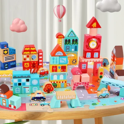 Дерев'яний конструктор "Місто" C 75545, 12 пазлів, 88 деталей