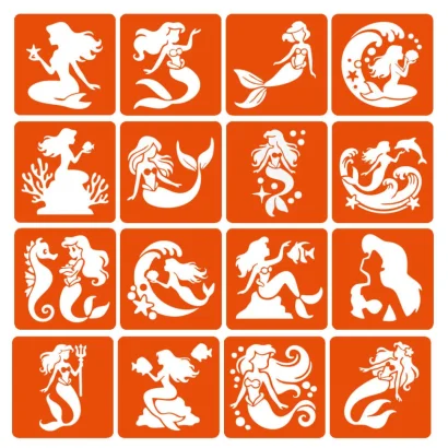 Набір трафаретів для біо-тату "Русалки" mermaids-6x6-16, 16 трафаретів