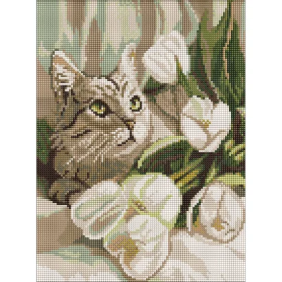 Алмазна мозаїка "Зеленоокий кіт з тюльпанами" AMO20099, 30х40 см