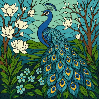 Картина за номерами "Вітраж. Павич у магнолії" KHO6810, 30x30 см