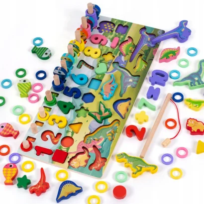 Деревяна іграшка Центр розвиваючий MD 2758 фігурки, риболовля, цифри, динозаври