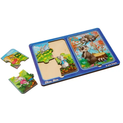 Дерев'яний пазл-вкладиш &quot;Зайчики та єнотики&quot; Ubumblebees (ПСД182) PSD182 в рамці