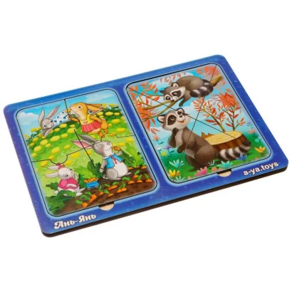 Дерев'яний пазл-вкладиш &quot;Зайчики та єнотики&quot; Ubumblebees (ПСД182) PSD182 в рамці