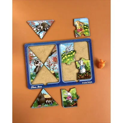 Дерев'яний пазл-вкладиш &quot;Зайчики та єнотики&quot; Ubumblebees (ПСД182) PSD182 в рамці