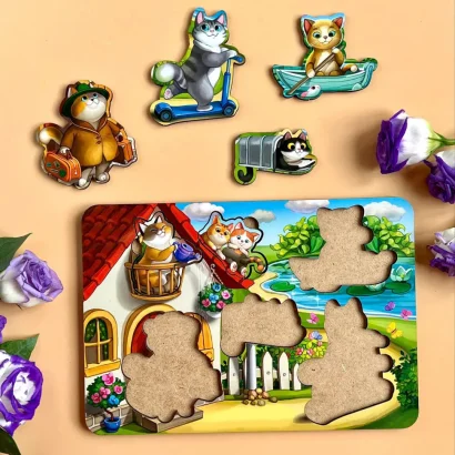 Дерев'яний пазл-вкладиш &quot;Котики - 1&quot; Ubumblebees (ПСД140) PSD140 з будиночком