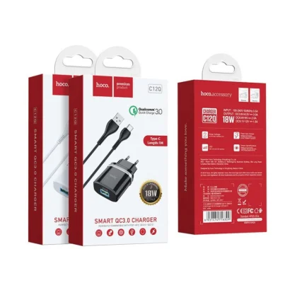 Мережевий зарядний пристрій HOCO C12Q Smart QC3.0 charger set(Type-C) 18W Black