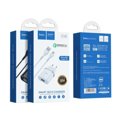 Мережевий зарядний пристрій HOCO C12Q Smart QC3.0 charger set(Micro) 18W White