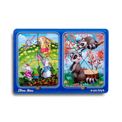 Дерев'яний пазл-вкладиш &quot;Зайчики та єнотики&quot; Ubumblebees (ПСД182) PSD182 в рамці