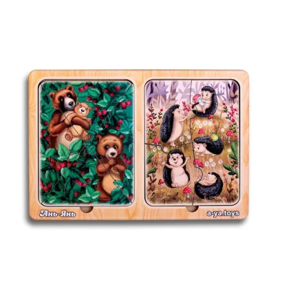 Дерев'яний пазл-вкладиш &quot;Їжачки та ведмеді&quot; Ubumblebees (ПСД186) PSD186 в рамці 