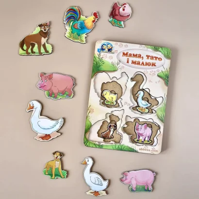 Дерев'яний пазл-вкладиш "Сім'я-свійські тварини-2" Ubumblebees (ПСФ003) PSF003 більше-менше