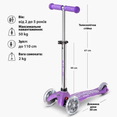 Самокат MICRO серії "Mini Deluxe Fairy Glitter LED" &ndash; ПУРПУРОВИЙ (до 50 kg, 3-х колісний, світло)