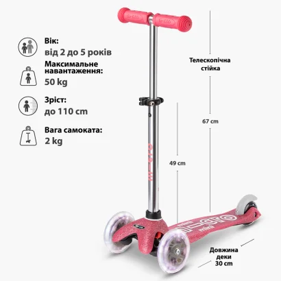 Самокат MICRO серії "Mini Deluxe Fairy Glitter LED" &ndash; РОЖЕВИЙ (до 50 kg, 3-х колісний, світло)