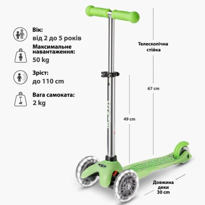 Самокат MICRO серії &quot;Mini Deluxe Glow LED&quot; – КРИЖАНИЙ ЛАЙМ (до 50 kg, 3-х колісний, світло)