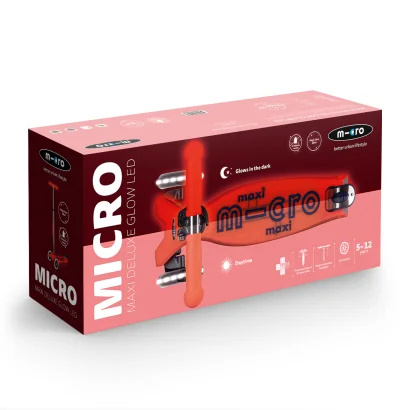 Самокат MICRO серії "Maxi Deluxe Glow LED" &ndash; ЧЕРВОНА АУРА (до 50 kg, 3-х колісний, світло)