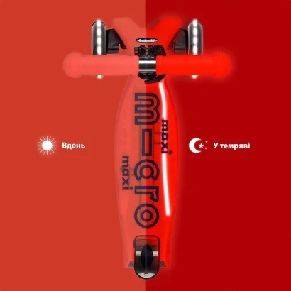 Самокат MICRO серії &quot;Maxi Deluxe Glow LED Plus&quot; - ЧЕРВОНА АУРА (до 50 kg, триколісний, світло)