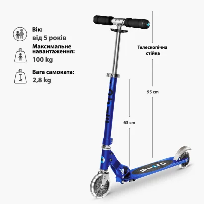 Самокат MICRO серії "Sprite LED" - САПФІРОВИЙ СИНІЙ (складаний, до 100 кг (kg), двоколісний, світло)