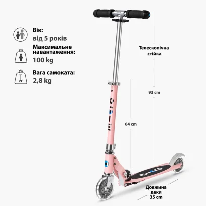 Самокат MICRO серії "Sprite LED" - НЕОНОВА ТРОЯНДА (складаний, до 100 kg, двоколісний, світло)